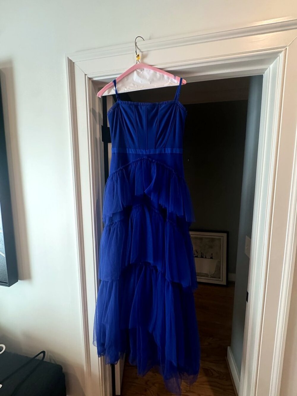 Betsy & Adam Royal Blue Tiered Tulle Ruffle Corset Gown Size 6
